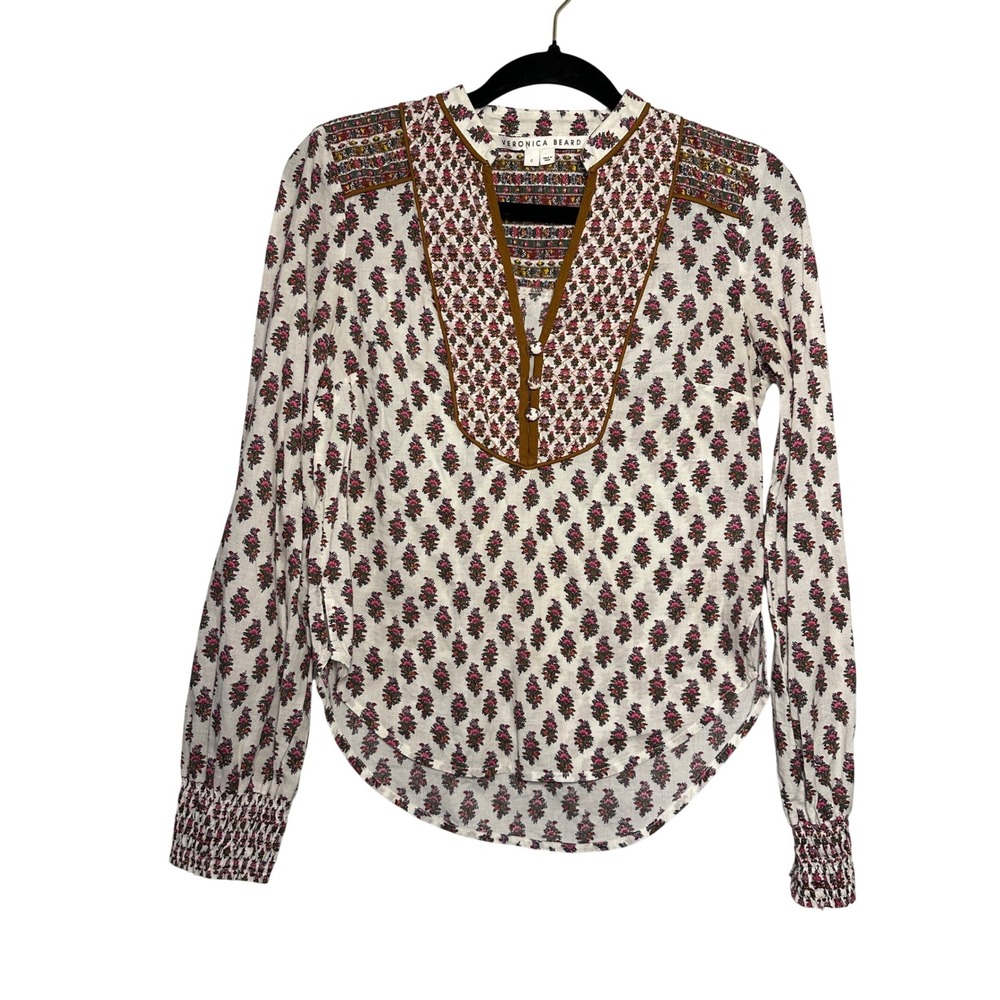 Veronica Beard Alivia Floral Print Embroidered V Neck Long Sleeve Poplin Size 0‎